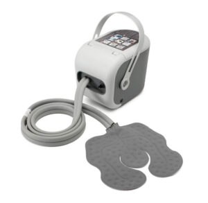 A portable electronic pulse massager with electrode pads.