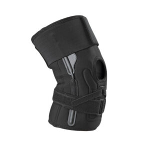 Black knee brace with adjustable straps for support and protection.