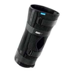 Black ergonomic knee brace with adjustable straps and blue label.