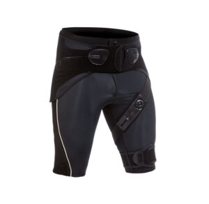 Black and gray compression shorts with adjustable straps and pockets.