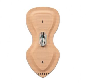 A beige ostomy pouch with a built-in closure system.