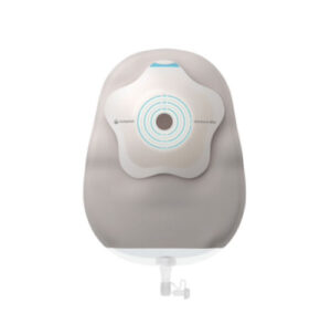 A beige ostomy bag with a circular adhesive barrier and drainage tap.