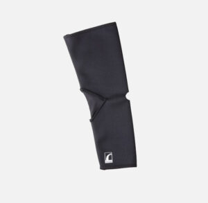 Black knee sleeve with a white logo on the bottom corner.