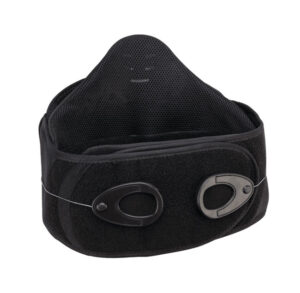 Black adjustable back support belt with fastening closures.