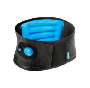 Black and blue electric heating pad belt for back pain relief.