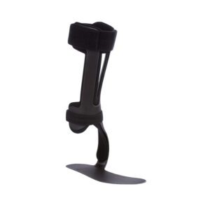 A black ankle-foot orthosis brace for leg support.