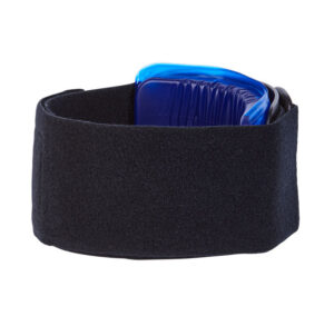 Black wristband with a blue ice pack insert.