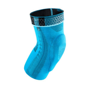 Blue ankle compression sleeve with black top band.