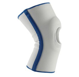White knee brace with blue trim for joint support.