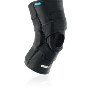 Black knee brace with adjustable straps for support and protection.