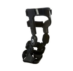Black knee brace with adjustable straps for support.