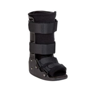 Black medical walking boot with adjustable straps for foot and ankle support.