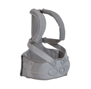 Gray adjustable baby carrier with padded straps and buckles.