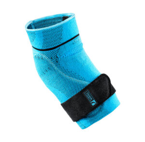 Blue ankle brace with adjustable strap for support.