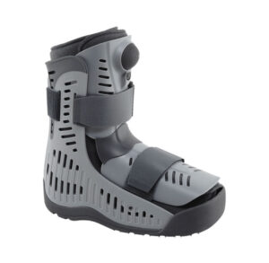 A gray medical walking boot for foot and ankle support.