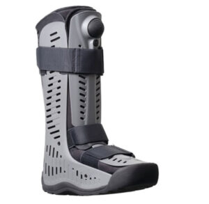 Gray medical walking boot with adjustable straps for foot and ankle support.
