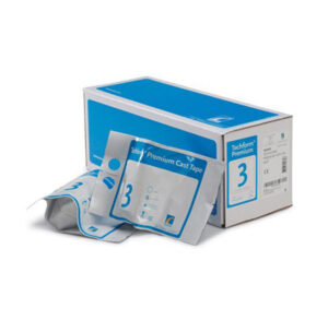 Box of sterile surgical face masks with one mask partially out.