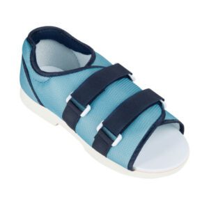 Light blue orthopedic sandal with adjustable straps and open toe design.