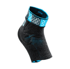 Black and blue ankle brace with adjustable strap for support.