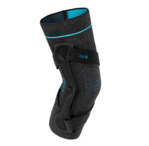 Black and blue knee brace designed for support and injury prevention.