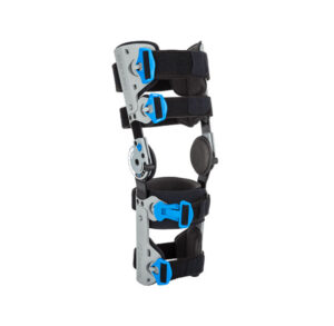 Adjustable knee brace with metal hinges and straps for support.