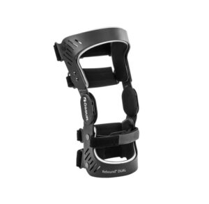 Black knee brace with adjustable straps and hinges for support.