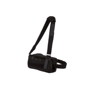 Compact black waist and shoulder bag with adjustable strap.