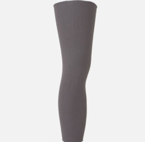 A single gray compression leg sleeve against a white background.