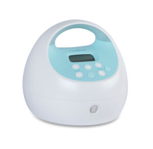 Compact white and blue breast pump with digital display and buttons.