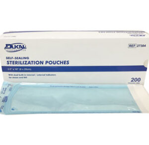 Box of 200 blue sterilization pouches with one pouch displayed.