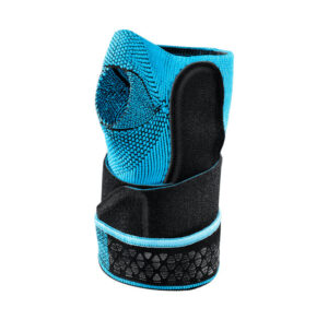 Blue and black wrist brace with adjustable straps for support.